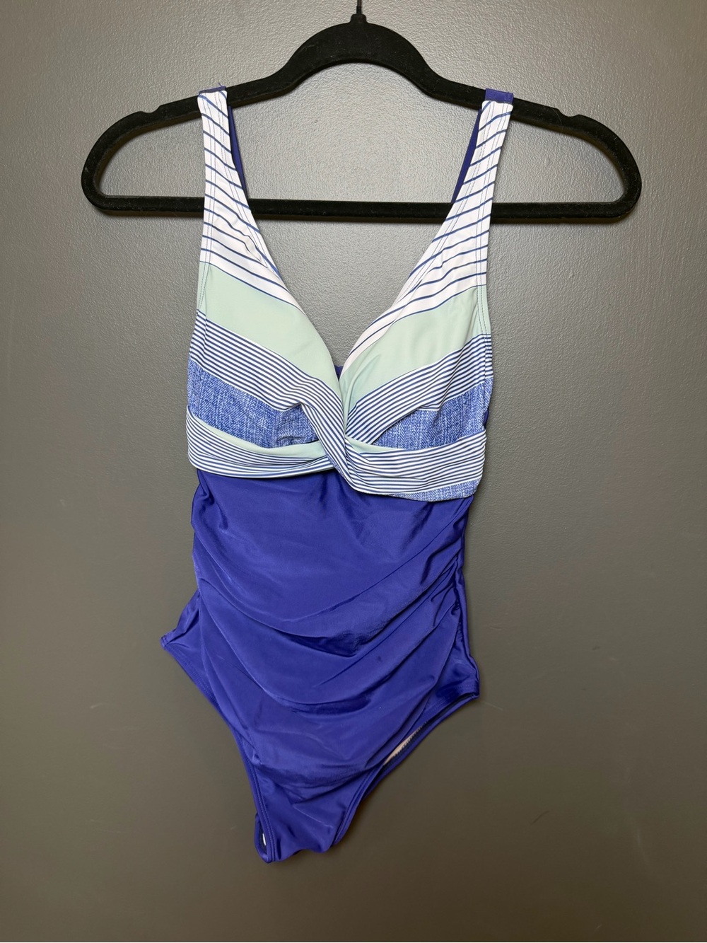 Eomenie Blue‎ Striped One Piece Swimsuit Ruched Tie Back NWT